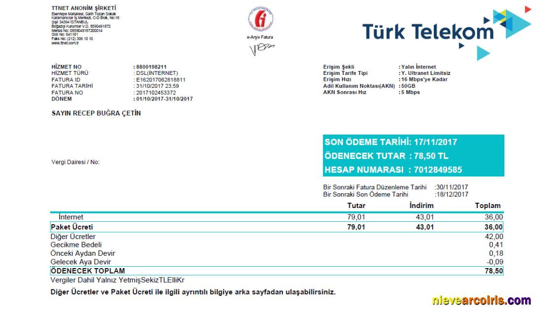 Turkey Turktelekom utility bill